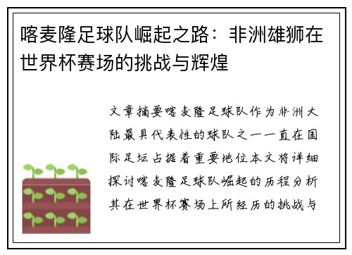喀麦隆足球队崛起之路：非洲雄狮在世界杯赛场的挑战与辉煌
